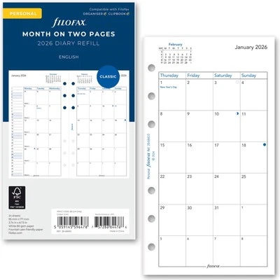 2026 Filofax Personal Size Refill 26-68410 Month on Two Pages, 95mm x 171mm