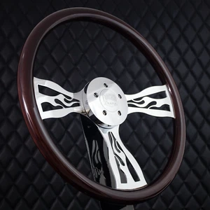 (T06) 18" Chrome Flame Steering Wheel Dark Mahogany Wood Freightliner 2007+ - Picture 1 of 9
