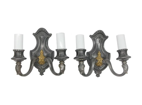 Pair of French Double Arm Pewter & Brass Wall Sconces Cover