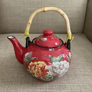 PIER 1 Imports Hand Painted Peony Floral Red Teapot Bamboo Handle - Picture 1 of 6