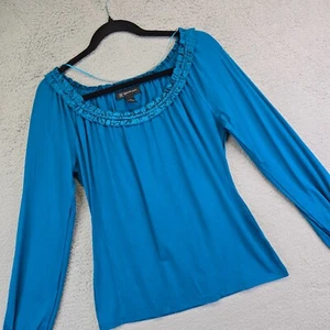 INC Top Womens M Turquoise Ruffle Neckline Raglan Sleeve Boho Hippie Y2K Peasant - Picture 1 of 12