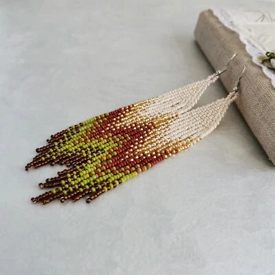 Long beaded fringe earrings Native tribal woman handmade seed bead jewelry gift  - Image 1 of 4