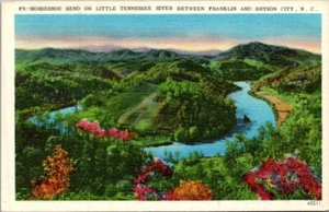 Postal de lino HERRASESHOE BEND on Little Tennessee River Carolina del Norte - Imagen 1 de 2