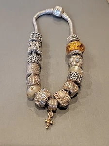 Genuine Pandora Sterling Silver Bracelet with 13 Charms 925 ALE 14KT Cross - Picture 1 of 12