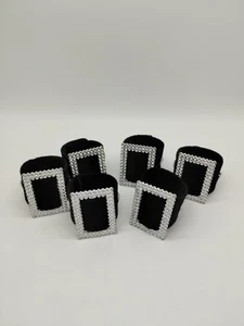 Set Of 6 Santa's Belt Buckle Napkin Rings Black Velour Rhinestones Christmas - Picture 1 of 8