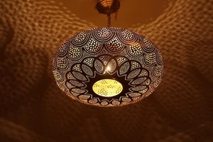 Handcrafted Moroccan Brass Pendant Light – Lotus Pattern Ceiling Lamp for Ambien - Picture 1 of 11