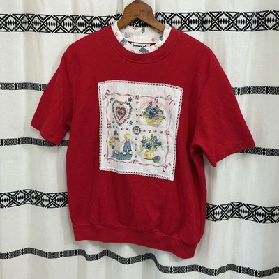 Teddi Sweatshirt Top Red Floral Applique Short Sleeve Cottagecore Medium Vintage - Image 1 of 4