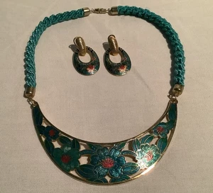 Vintage 1980's Cloisonne Enamel Collar Necklace Aqua Flowers Rope Chain Earrings - Picture 1 of 6