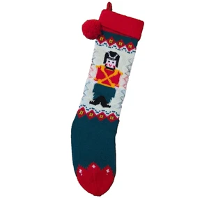 Vintage Knit Christmas Stocking 24” Toy Soldier Pom Pom - Picture 1 of 5