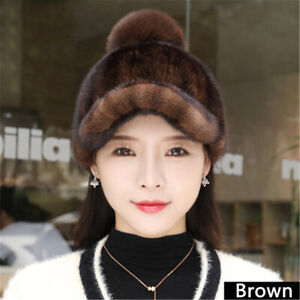 Women's Real Mink Fur Hat Winter Beret Cap Beanies Peaked Headgear Baseball Cap