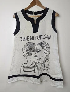 Beige Black Trim Graphic Sleeveless Linen Women's Tunic Top Size M - Picture 1 of 8