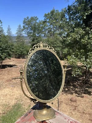 Victorian Brass Ornate Adjustable Vintage Vanity Dresser Mirror 13” 21” Tall - Image 1 of 4