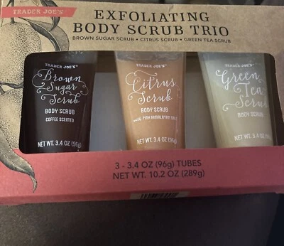 TRADER JOE'S BODY SCRUB TRIO BROWN SUGAR - CITRUS - GREEN TEA SEALED 3.4 OZ EA - Image 1 of 4