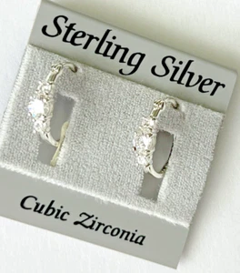 Solid 925 Sterling Silver Brilliant Cubic Zirconia Hoop Earrings Stunning - Picture 1 of 6