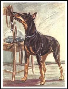 DOBERMAN PINSCHER WAITING FOR HIS WALK VINTAGE STYLE DOG ART PRINT POSTER - Foto 1 di 1