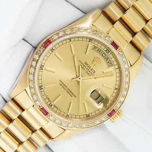 Rolex President DayDate Champagne Dial - 18k Yellow Gold Mens Diamond Ruby Watch - Picture 1 of 12