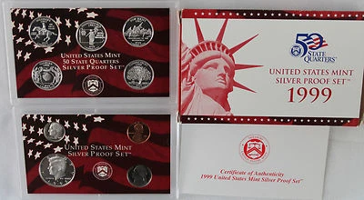 1999 S SILVER Proof Set US Mint ANNUAL 9 Coins Box COA and Statehood Quarters - Image 1 of 4