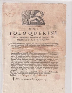 An 1744. Italie. Venise. Venezia. Signatures. Vignette. Follo Querini. Rare++++ - Foto 1 di 1