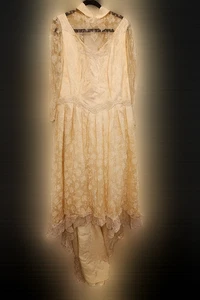 Vestido de novia vintage de encaje para mujer marfil manga larga cuello alto tren nupcial años 70 - Imagen 1 de 24