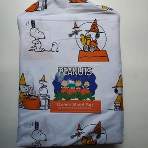 Berkshire Peanuts Halloween Queen Sheet Set Snoopy Woodstock white, orange- New - Picture 1 of 6