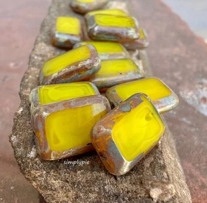 Yellow Jonquil Picasso Rectangle 12 Bohemian Czech Glass Beads 12mm Window Cut - Picture 1 of 6