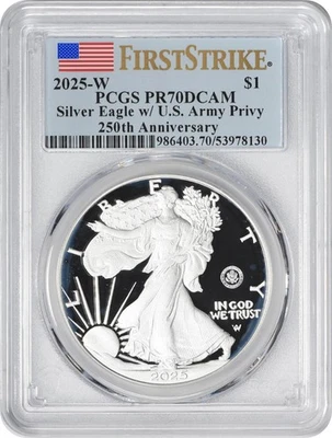 American Silver Eagle 2025-W Ejército de Estados Unidos Privado 250 aniversario PR70DCAM FS PCGS Foto 1 de 2