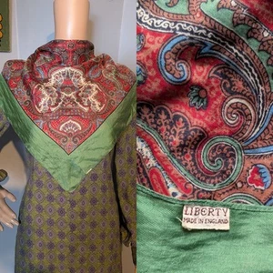 Liberty Antique Vintage Silk Paisley Red Green Bohemian Scarf 30s 40s 27" - Picture 1 of 8