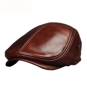 Mens 100% Cowhide Leather Ivy Big Lip Cap Beret Newsboy Cabbie Hat With Ear Flap - Picture 1 of 15