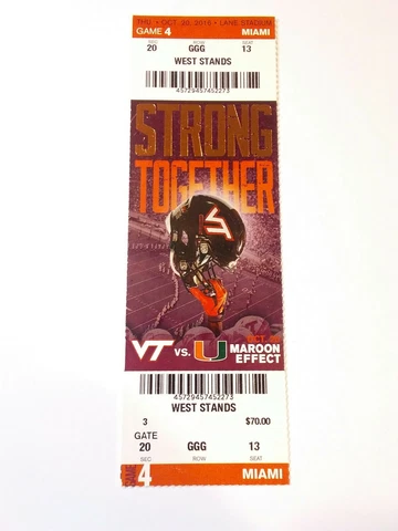 2016 Virginia Tech Hokies Miami Hurricanes  Football Ticket Stub Cover
