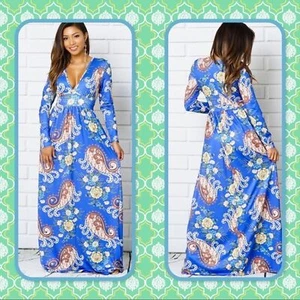 NWT Paisley Blue Floral Print V Neck Maxi Dress, Size M - Picture 1 of 9