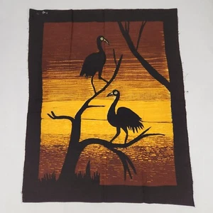 Vintage Batik Bird Fabric Panel 1980s Cotton 14x17.5 inch Black Birds Sunset - Picture 1 of 6