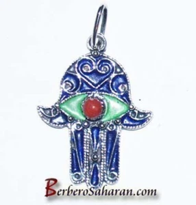 Handmade silver red coral and enamel hand of fatima pendant from algeria #4 - Picture 1 of 1