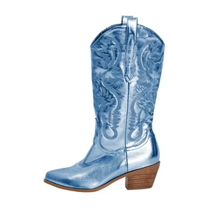 Womens Fashion Pointed Toe Cowboy Boots Embroidered Block Western Mid Calf Boots - Picture 1 of 28
