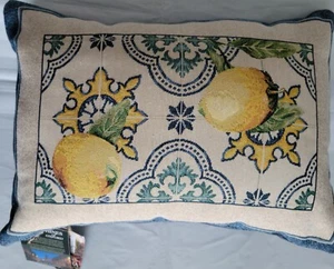 Hines of Oxford - Lemon Ceramic Blue Oblong- Tapestry Toss Pillow British Velvet - Picture 1 of 11