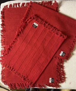Placemats Solid Red Woven Fringe Cotton Set 4 India w/tags Christmas Festive - Picture 1 of 4