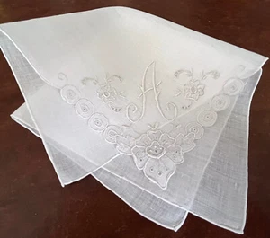 NWT Vintage Madeira Hand Embroidered Hankie French Linen Monogram "A" Wedding - Picture 1 of 7