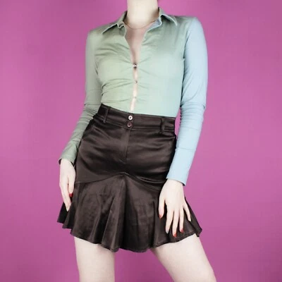 vintage 2000s y2k mini short brown shiny retro frill ruffle 90s skirt small 10 - image 1 of 4