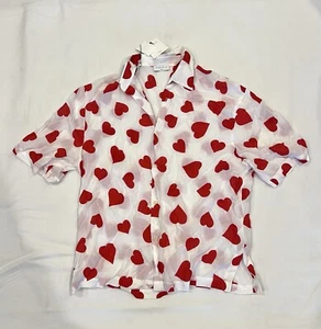 Sandro Paris White And Red Heart Buttom Up Shirt XL New With Tags - Picture 1 of 5