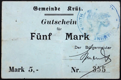 KRÜT / KRUTH 1914 5 Mark Early WWI German Notgeld France Alsace Elsass - Image 1 of 2