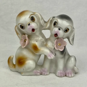 Vintage Japan Puppy Dogs with Pink Flowers & Big Eyes Hugging Figurine - Picture 1 of 10
