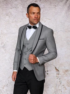 NWT 50R 3PC MENS TUXEDO SUIT GRAY / BLACK PIPPING SLIM FIT REVERSIBLE VEST - Picture 1 of 1