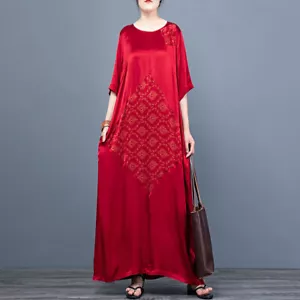 Vintage Style Loose Kaftan Maxi Printed Dress Women Crew Neck Oversized Robe - Picture 1 of 17