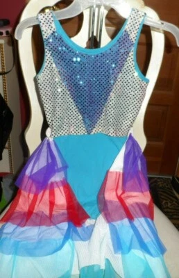 Niñas Decorado a Mano Azul/Plata Leotardo y 2 Faldas Baile/Halloween Disfraz Med Foto 1 de 4