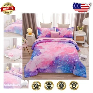 Galaxy-Themed 3D Printed Comforter Set - Full Pink Glitter Bedding 6 Pieces - Picture 1 of 11