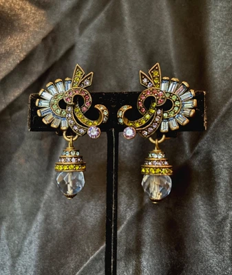 VTG Heidi Daus Clip On Earrings 1.75" Gold Tone Blue Drop Faceted Crystal Estate - Image 1 of 4