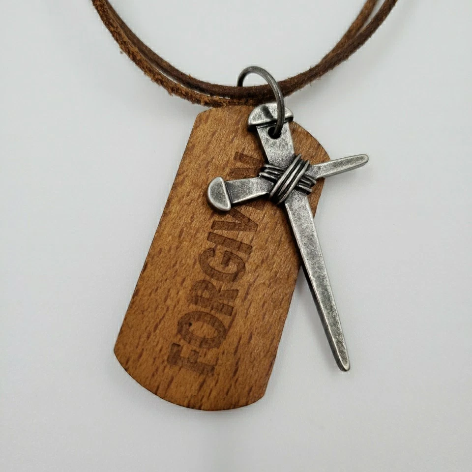 Nail Cross Necklace Forgiven Dog Tag Adjustable Rawhide Cord Christian John 3:16 - Image 1 of 4