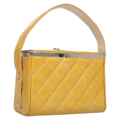 Chanel Vintage Metal Caja Bolso Acolchado Piel de Cordero Amarillo Patente_Cuero Bolso de Mano Foto 1 de 4