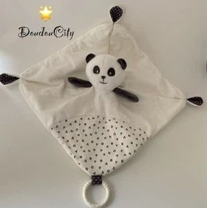 4927🌟Doudou Plat Mouchoir Ours Panda  SAUTHON Blanc Noir Dentition - Photo 1/4