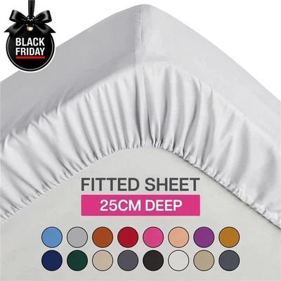 Extra Deep 25 cm Full Fitted Sheet Bed Sheets Single Double King Super King Size - Image 1 of 4