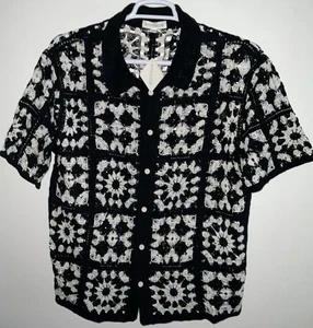 MORSECODE GEHÄKELT OFFEN LOCKER STRICK QUADRAT PATCHWORK SCHWARZ S/S KNOPF SHIRT L NEU MIT ETIKETT - Bild 1 von 13